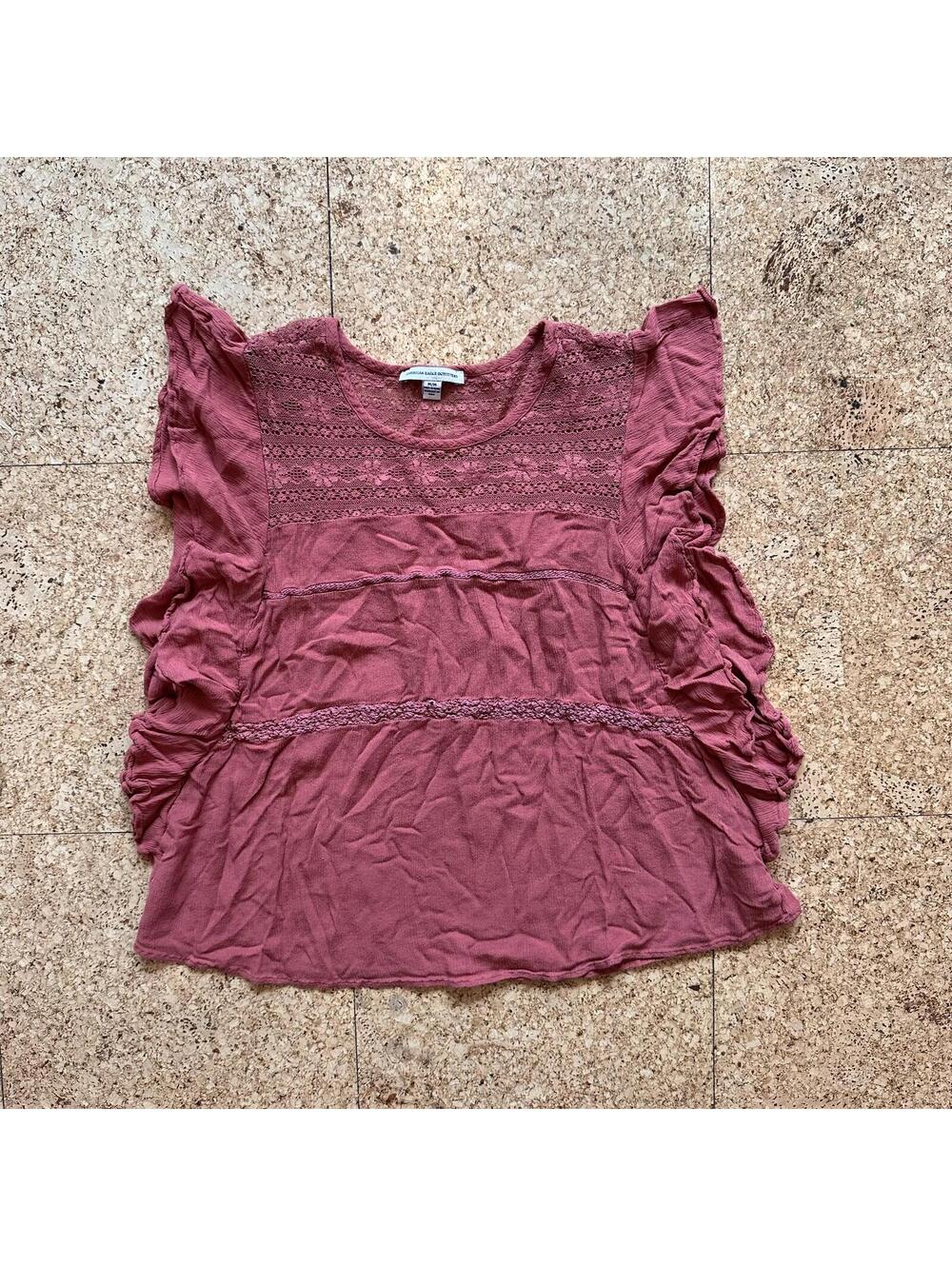 AMERICAN EAGLE Lace Bib Top Mauve/Rust Women's M Flutter Sleeve Boho Crochet